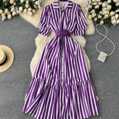 Striped Loose Casual High Waist Wrapped Hip Dress