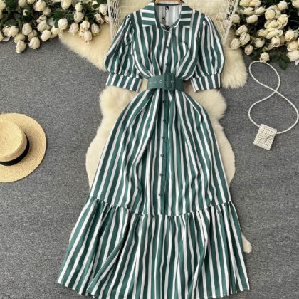 Striped Loose Casual High Waist Wrapped Hip Dress