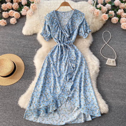 Irregular Design V-neck Floral Short Sleeved Dress