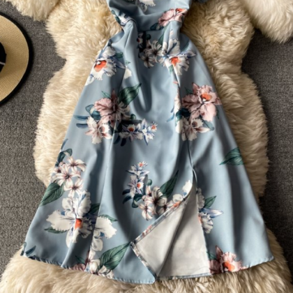 Elegant Printed Bubble Sleeve Split Dress