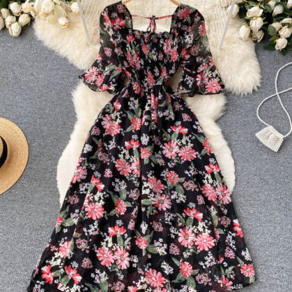 Women Fashion Romantic Floral Print Chiffon Dress