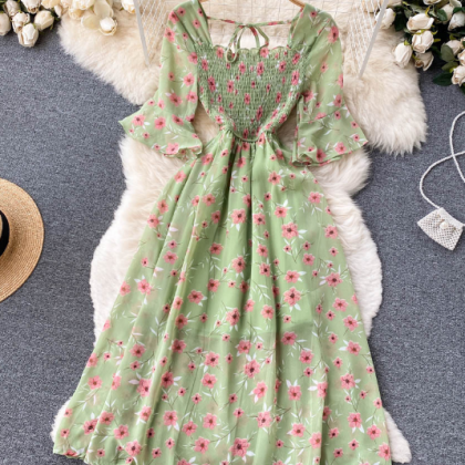 Women Fashion Romantic Floral Print Chiffon Dress