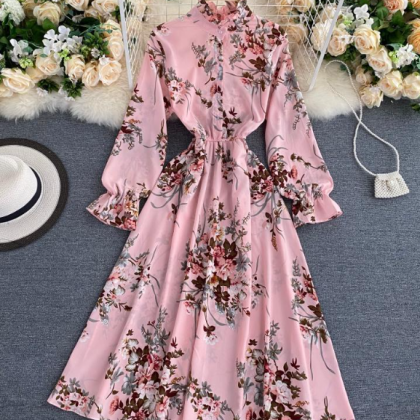Long Sleeved Chiffon Floral High Waisted Dress