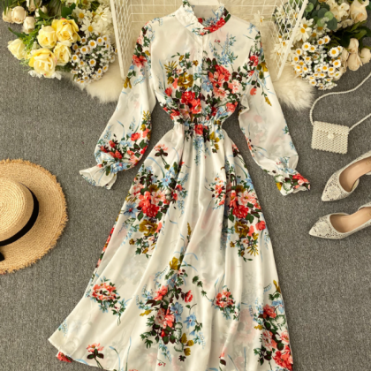 Long Sleeved Chiffon Floral High Waisted Dress
