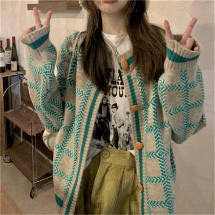 Loose Design Plaid Knitted Cardigan Sweater Jacket