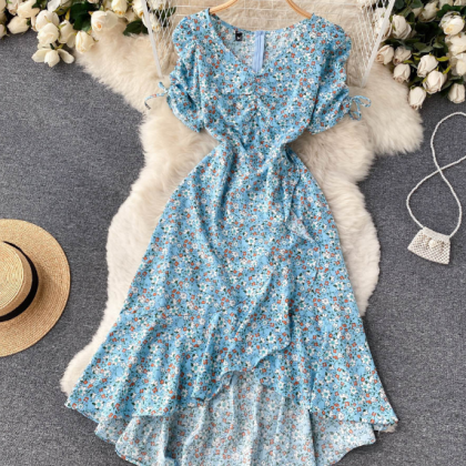 Elegant Design V-neck Floral Short Sleeved Dress