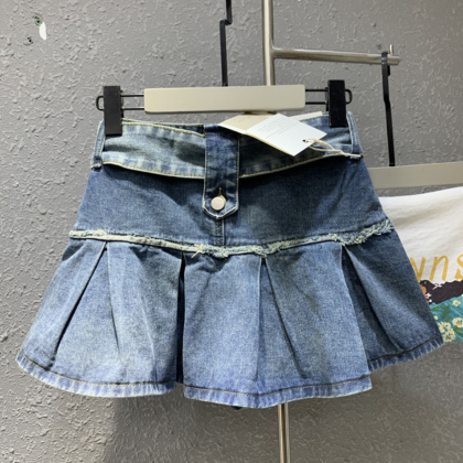 Casual Patchwork Pleated Denim High-waist Skirt