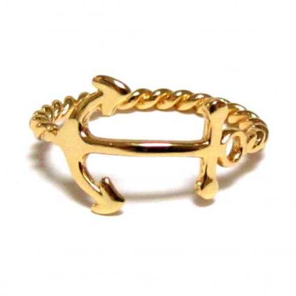 Gold Over Sterling Silver Anchor Ring With Rope..