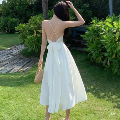 White Sexy Backless Sling Sleeveless Dress