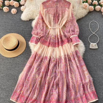 Pink Floral Retro Print Maxi Dress