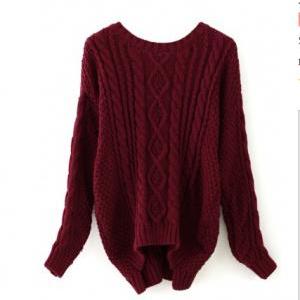Wine Red Round Neck Cable Knit Sweater #ym091704wp