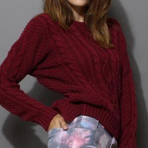 Wine Red Round Neck Cable Knit Sweater #ym091704wp