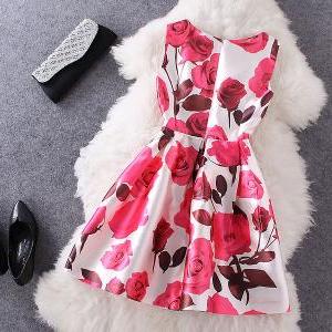 Fashion Rose Printed Sleeveless Dress #092706kl