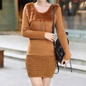 Slim Package Hip Long-sleeved Sweater Dress..