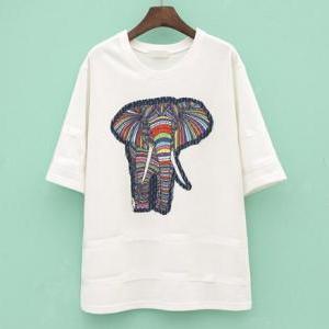 Cute Elephant Pattern Loose T-shirt #dn102301