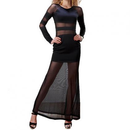 Sexy Net Yarn Stitching Long-sleeved Dress..