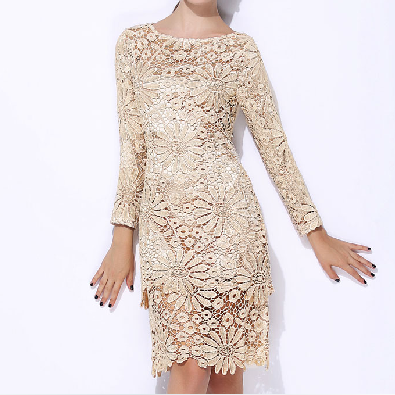 Slim Round Neck Long-sleeved Lace Dress #er111203