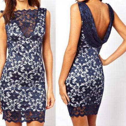 Sexy V-neck Lace Stitching Backless Sleeveless Dress We53008po on Luulla