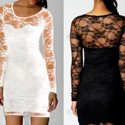 Sexy Long Sleeve Lace Stitching Package Hip Dress..