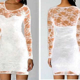 Sexy Long Sleeve Lace Stitching Package Hip Dress..