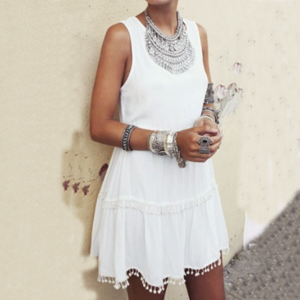 Fashion Round Neck White Sleeveless Dress We7407po