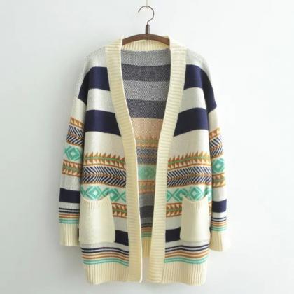 Loose Striped Long-sleeved Knit Cardigan Sweater..