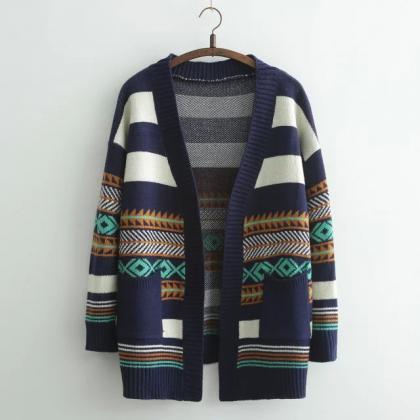 Loose Striped Long-sleeved Knit Cardigan Sweater..