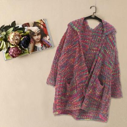 Loose Knit Hooded Cardigan Sweater Jacket..