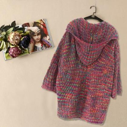 Loose Knit Hooded Cardigan Sweater Jacket..
