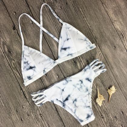Solid Color White Printing Bikini Swimwear Suit..