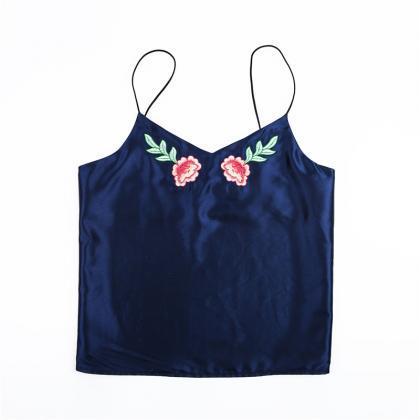 Navy Blue Satin Plunge V Cami Top Featuring Floral..