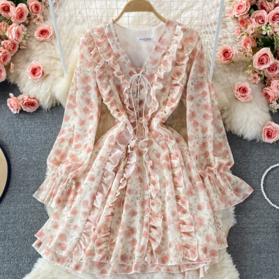 Sweet Ruffled V-Neck Floral Pink Long-Sleeved Dress