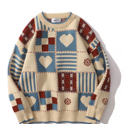 Retro Loose Long Sleeve Plaid Love Knitted Sweater