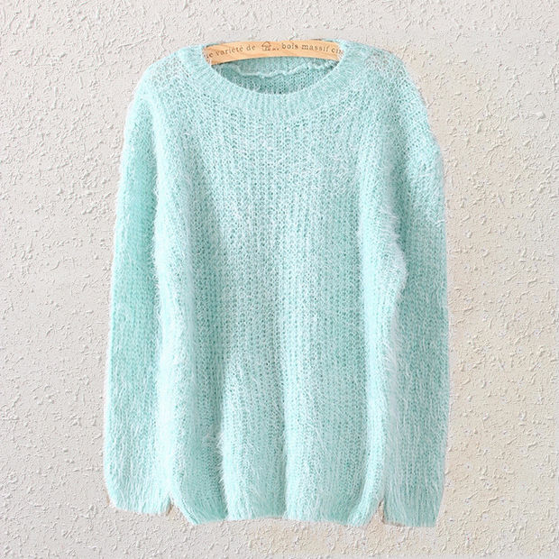 Mint Green Mohair Knit Crew Neck Long Cuffed Sleeves Sweater