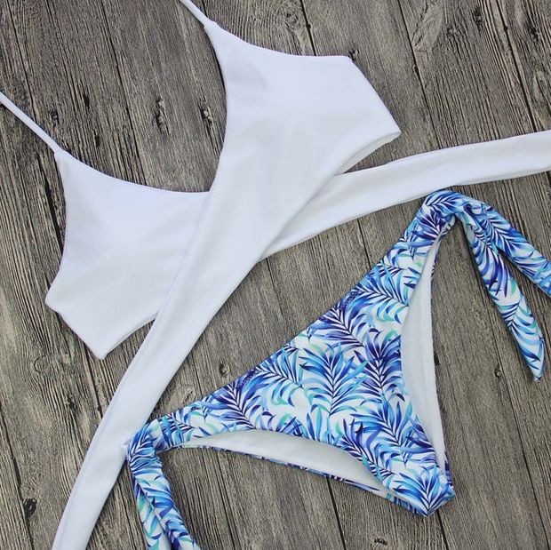 White Printed Split Swimming Suit
