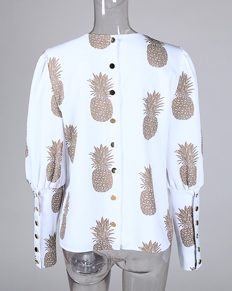 Pineapple Printed Long-sleeved Round Neck Metal Buckle Top