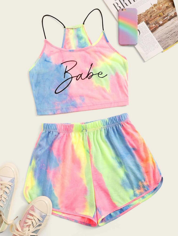 Tie Dye Letter Cami Top & Track Shorts Set