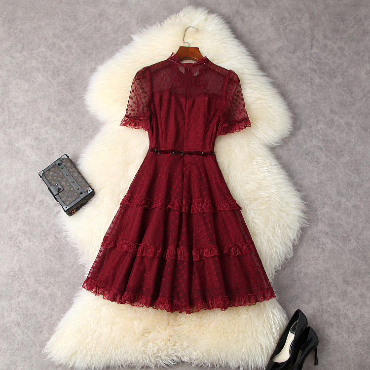 Temperament Solid Color High Waist Short Sleeve Lace Dress A6100