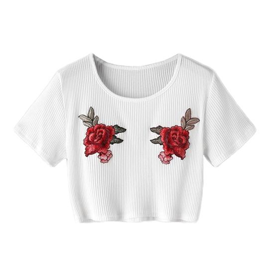 Cute Ribbed Rose Embroidery T-Shirt Crop Top in White