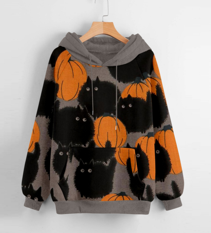 Long-Sleeved Hooded Pumpkin Printing Loose Sweater