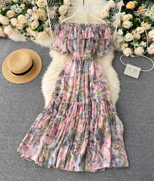 Sexy One-neck Off-shoulder Ruffled Chiffon Floral Dress