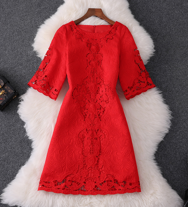 Slim Women's Red Round Neck Short Sleeve High Waist Dress