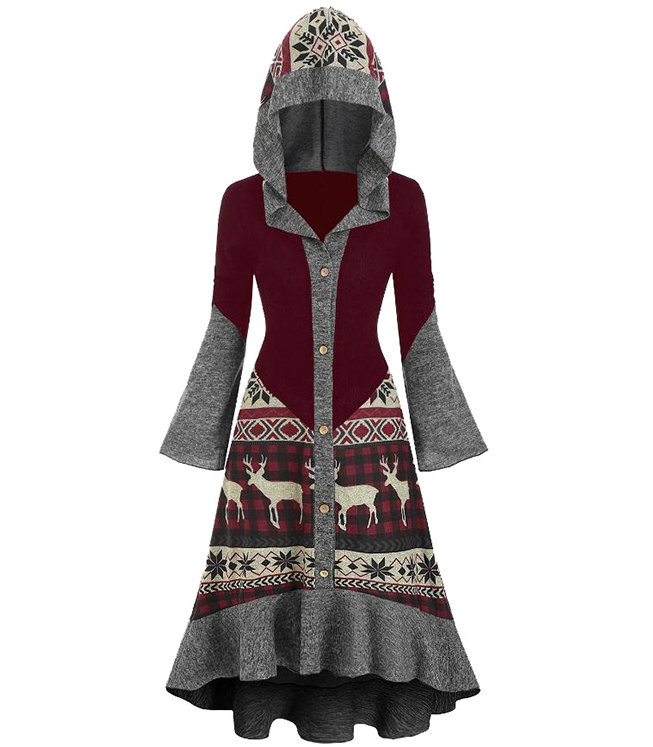 Printed Contrast Color Hooded Long Sleeve Women's Dress