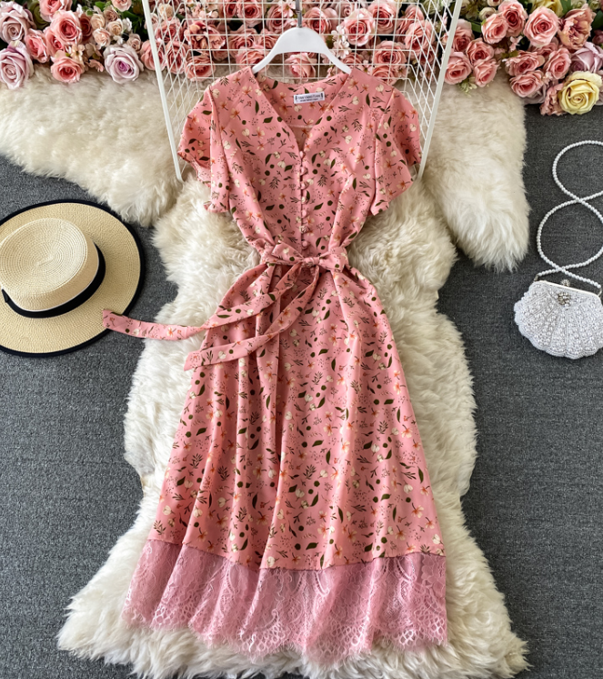 V-neck Floral Chiffon Short-sleeved Lace Dress