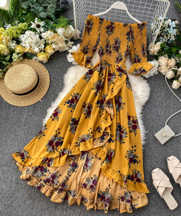 Floral One-shoulder High-waist Irregular Ruffle Dress