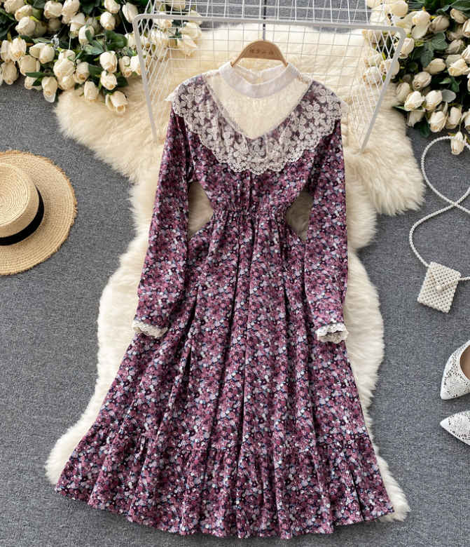 Lace Chiffon Floral V-neck Dress