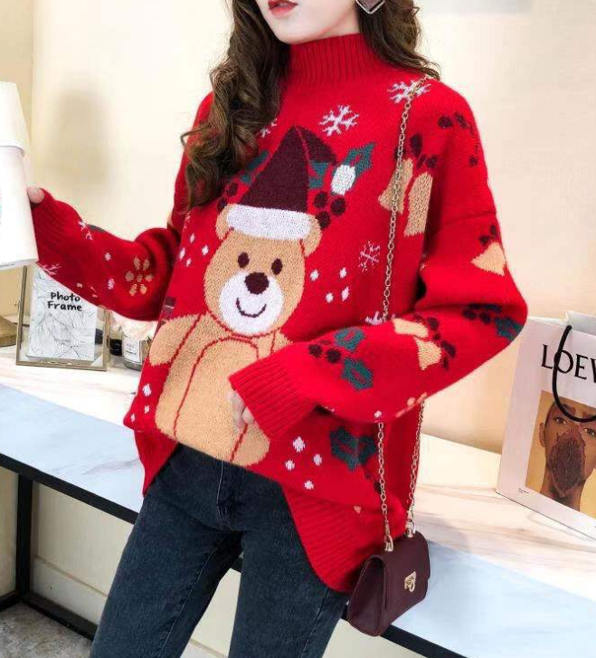 Red Pattern Round Neck Knitted Sweater