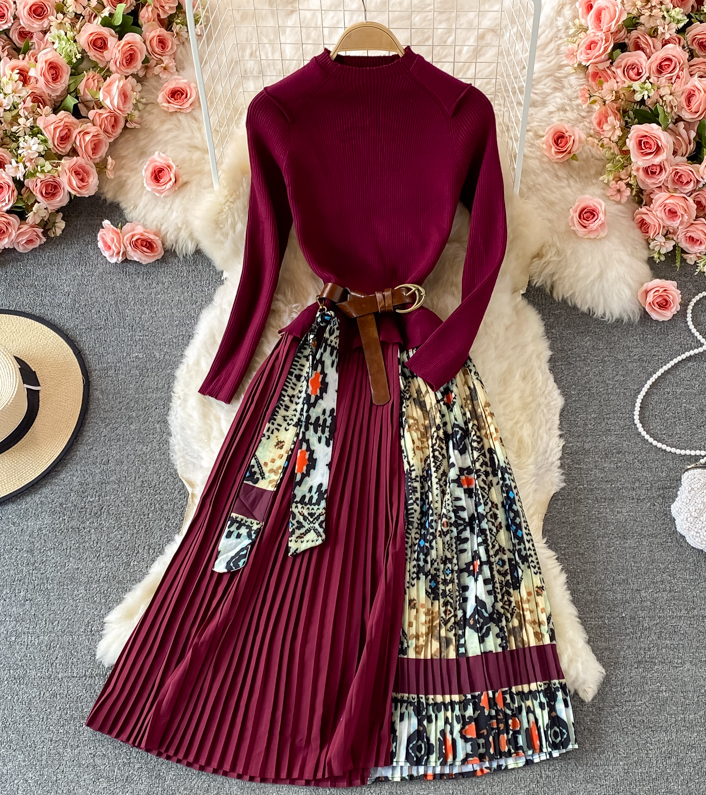 Vintage Print Knit High Waist Dress