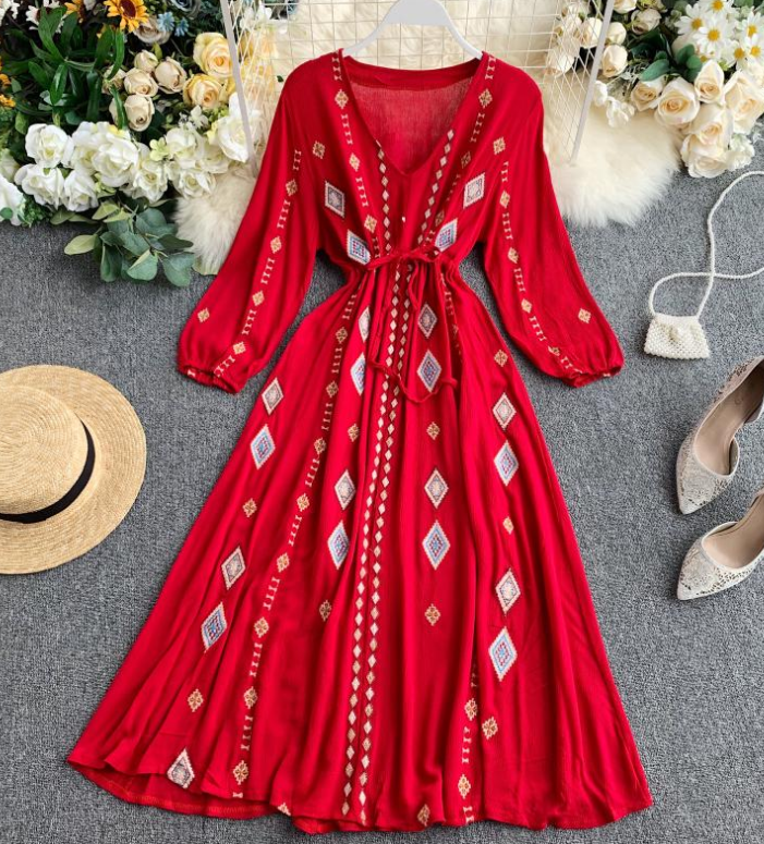 Women's Embroidered Long Sleeve Dress