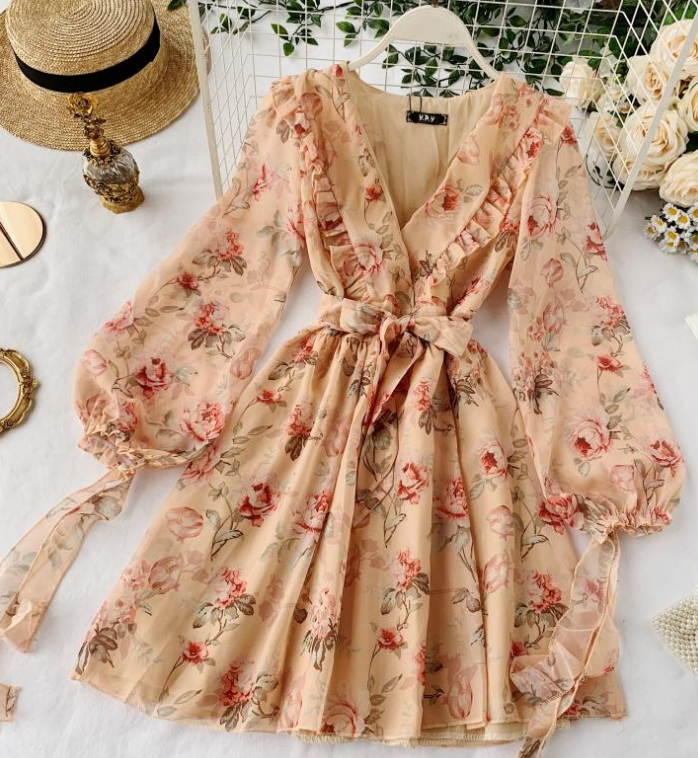 Elegant V-neck Floral Chiffon Dress